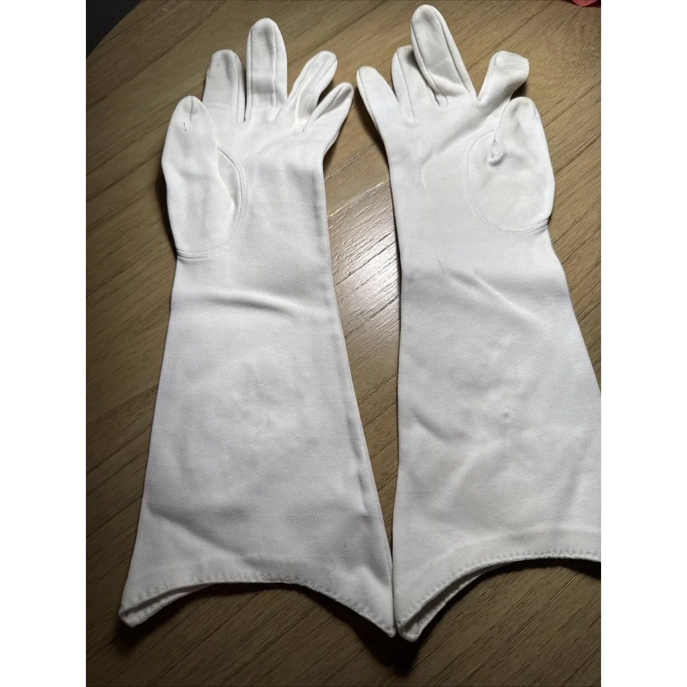 VTG Womens Elbow Length Gloves White Nylon Scalloped Cuff Sz 7 Floral Appliqué